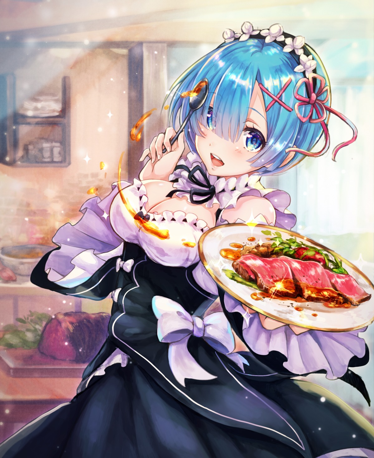 cleavage, maid, piyoyanagi, re:zero_kara_hajimeru_isekai_seikatsu, rem_(re_zero)