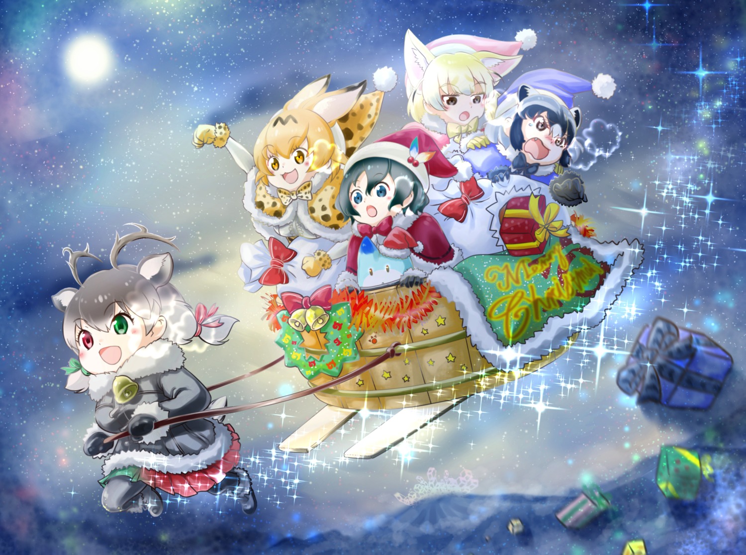 animal_ears, chiffon_(artist), christmas, common_raccoon, fennec_(kemono_friends), heterochromia, horns, kaban_(kemono_friends), kemono_friends, pantyhose, reindeer_(kemono_friends), serval, tail