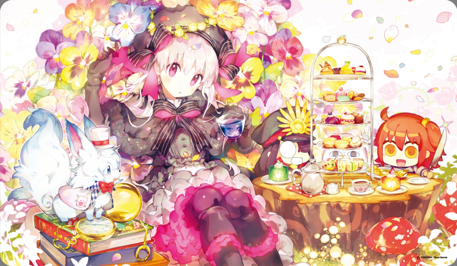 cath_palug_(fate), chibi, fate/grand_order, fujimaru_ritsuka_(female), namie-kun, nursery_rhyme_(fate/extra), oda_nobunaga_(fate)