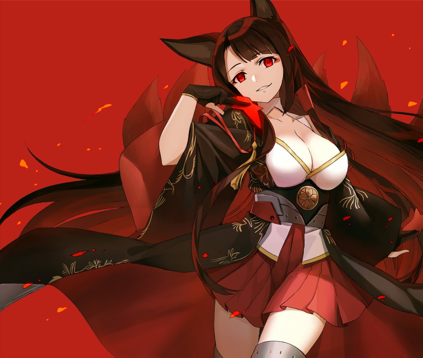 akagi_(azur_lane), animal_ears, azur_lane, cleavage, fumio_(kanmi), kitsune, tail
