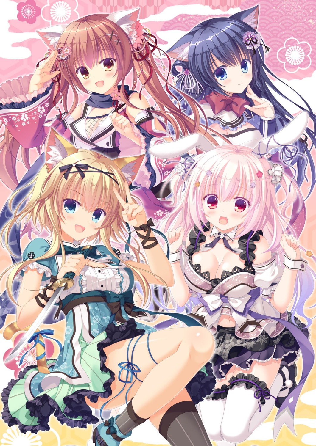 animal_ears, bunny_ears, cleavage, fishnets, fuuma_tama, fuuma_yura, neko-nin_exheart, neko-nin_exheart_2, nekokai_ritsu, nekomimi, nekoyama_maya, skirt_lift, sword, tail, takano_yuki, thighhighs, whirlpool
