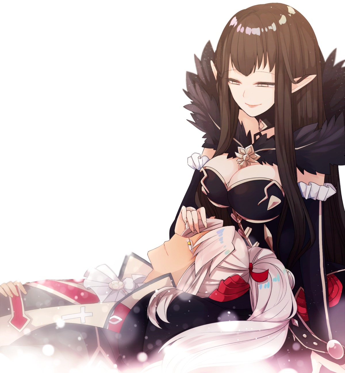 amakusa_shirou_tokisada_(fate), cleavage, dress, fate/apocrypha, fate/stay_night, pointy_ears, ponita, semiramis_(fate)