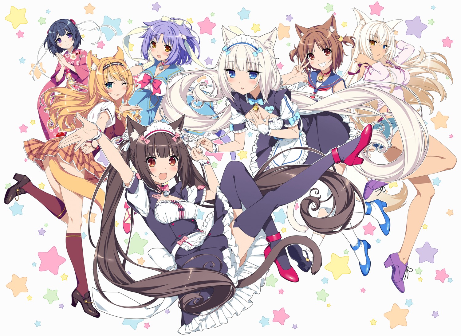 animal_ears, azuki, chocola, cinnamon_(nekopara), coconut, heels, heterochromia, maid