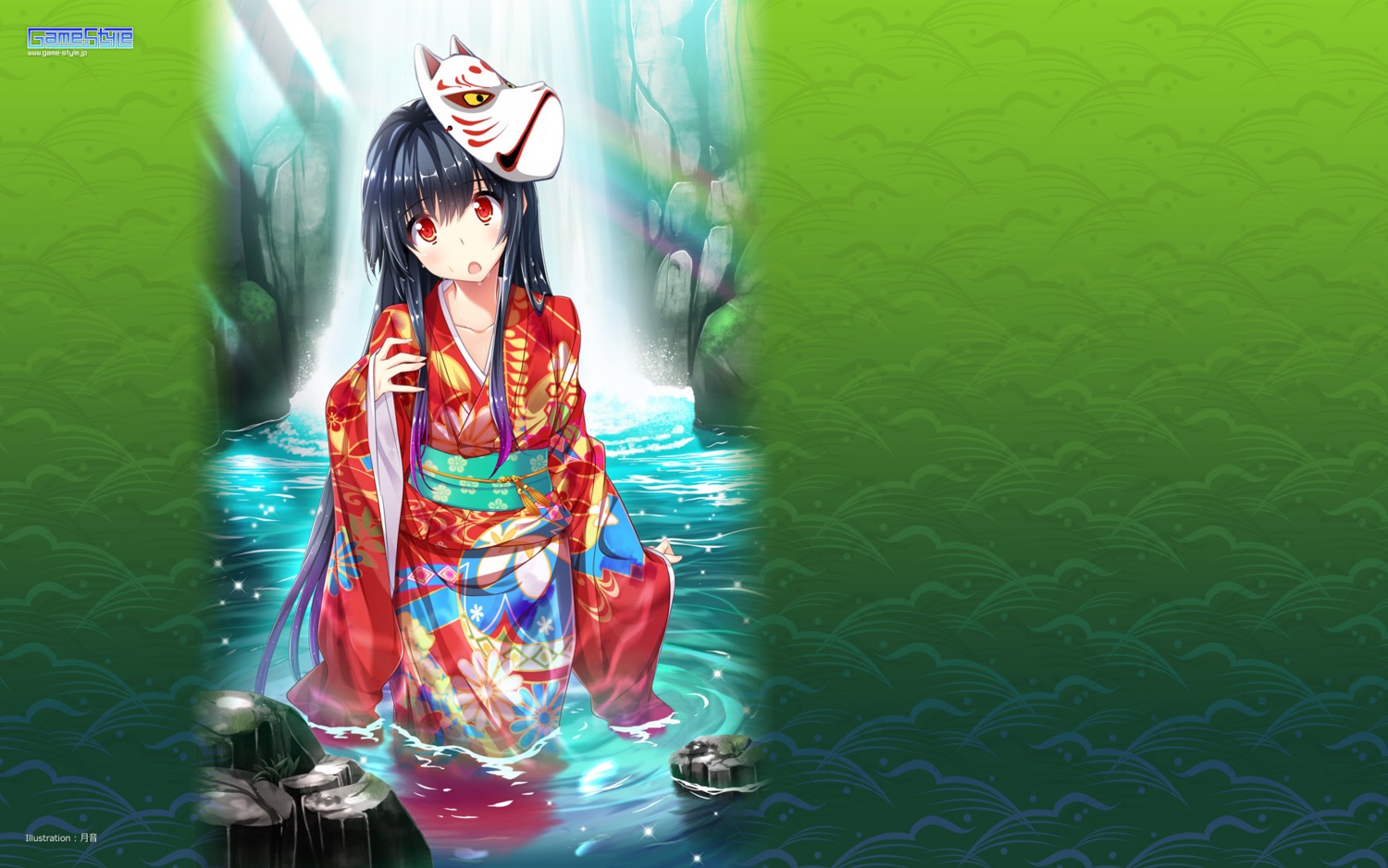 game-style, hiyoko_soft, kieta_sekai_to_tsuki_to_shoujo, kimono, la'cryma, tsukinon, uraraka_kaguya, wallpaper