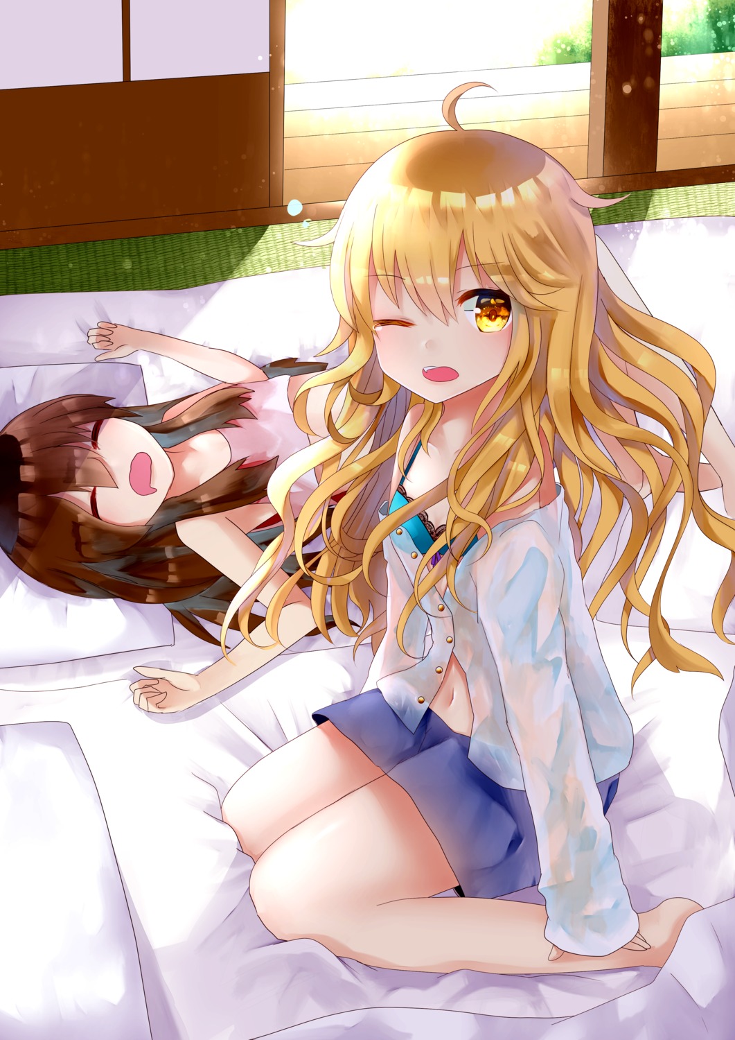 bra, hakurei_reimu, kirisame_marisa, open_shirt, sakipsakip, touhou