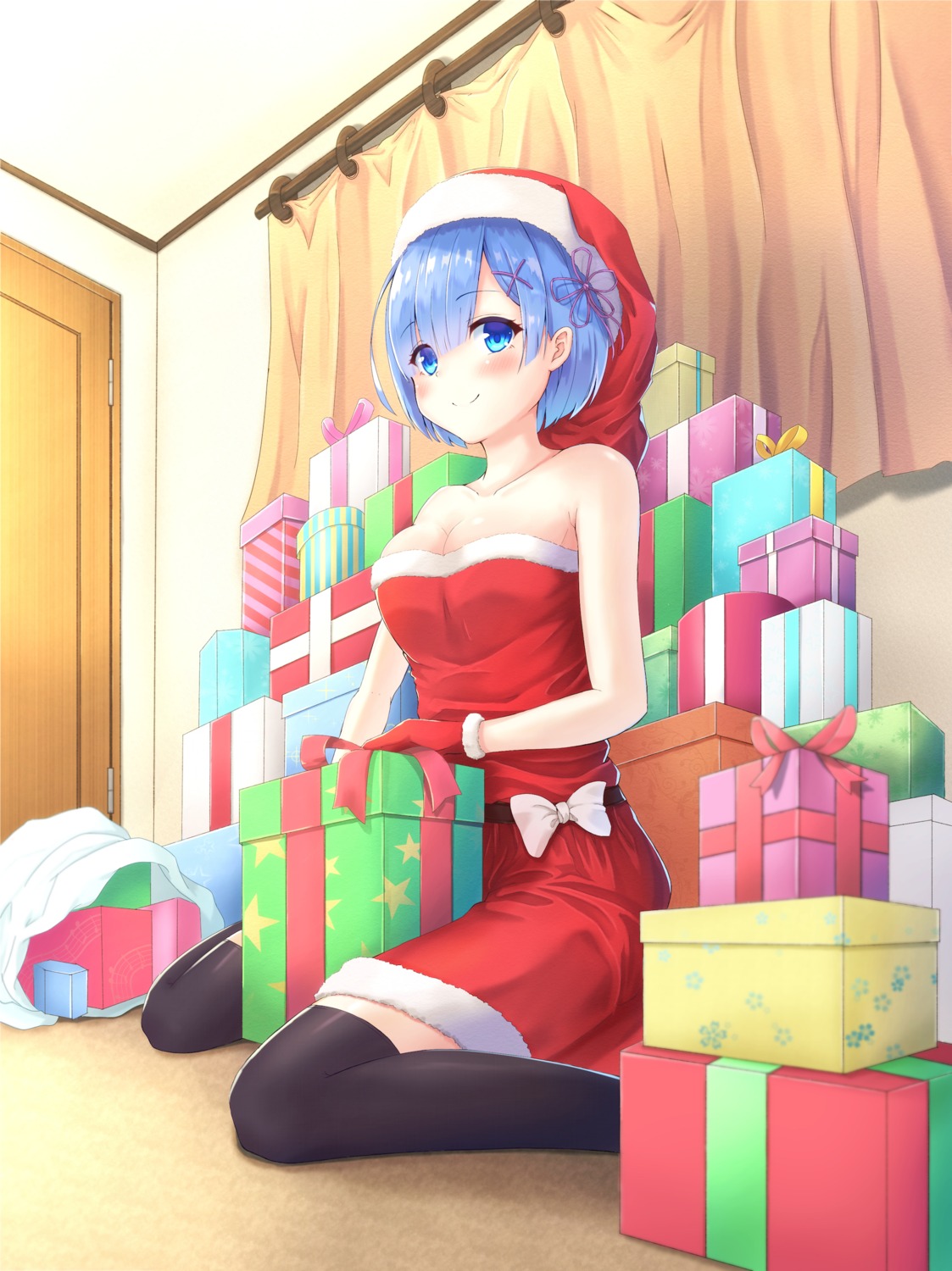 christmas, cleavage, dress, irise, re:zero_kara_hajimeru_isekai_seikatsu, rem_(re_zero), thighhighs