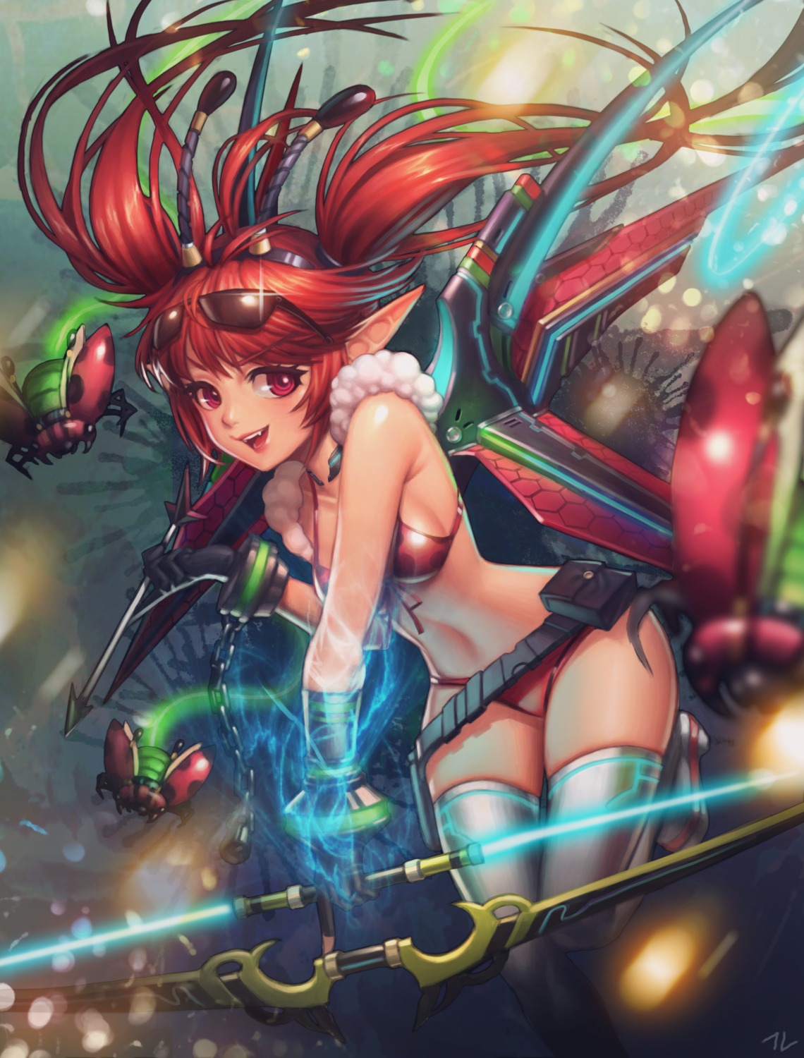bikini, pointy_ears, rlarkacks, swimsuits, thighhighs, weapon