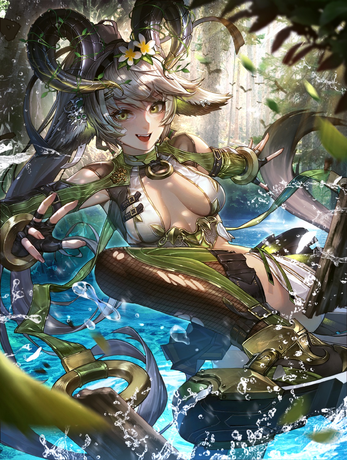 animal_ears, cleavage, fishnets, horns, no_bra, rlarkacks, thighhighs, torn_clothes