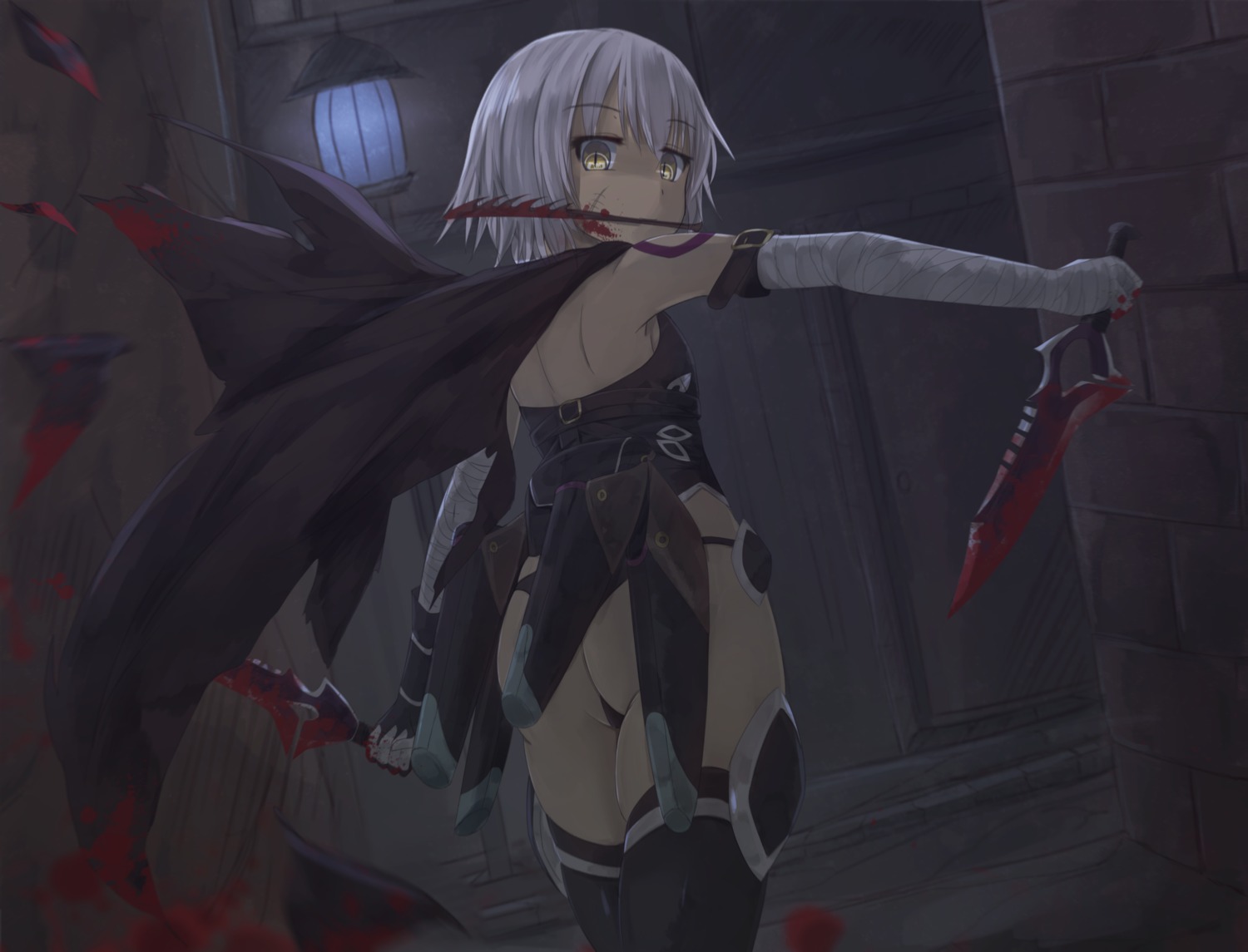 ass, bandages, blood, fate/apocrypha, fate/grand_order, fate/stay_night, hikari_niji, jack_the_ripper, pantsu, tattoo, thighhighs, thong, weapon