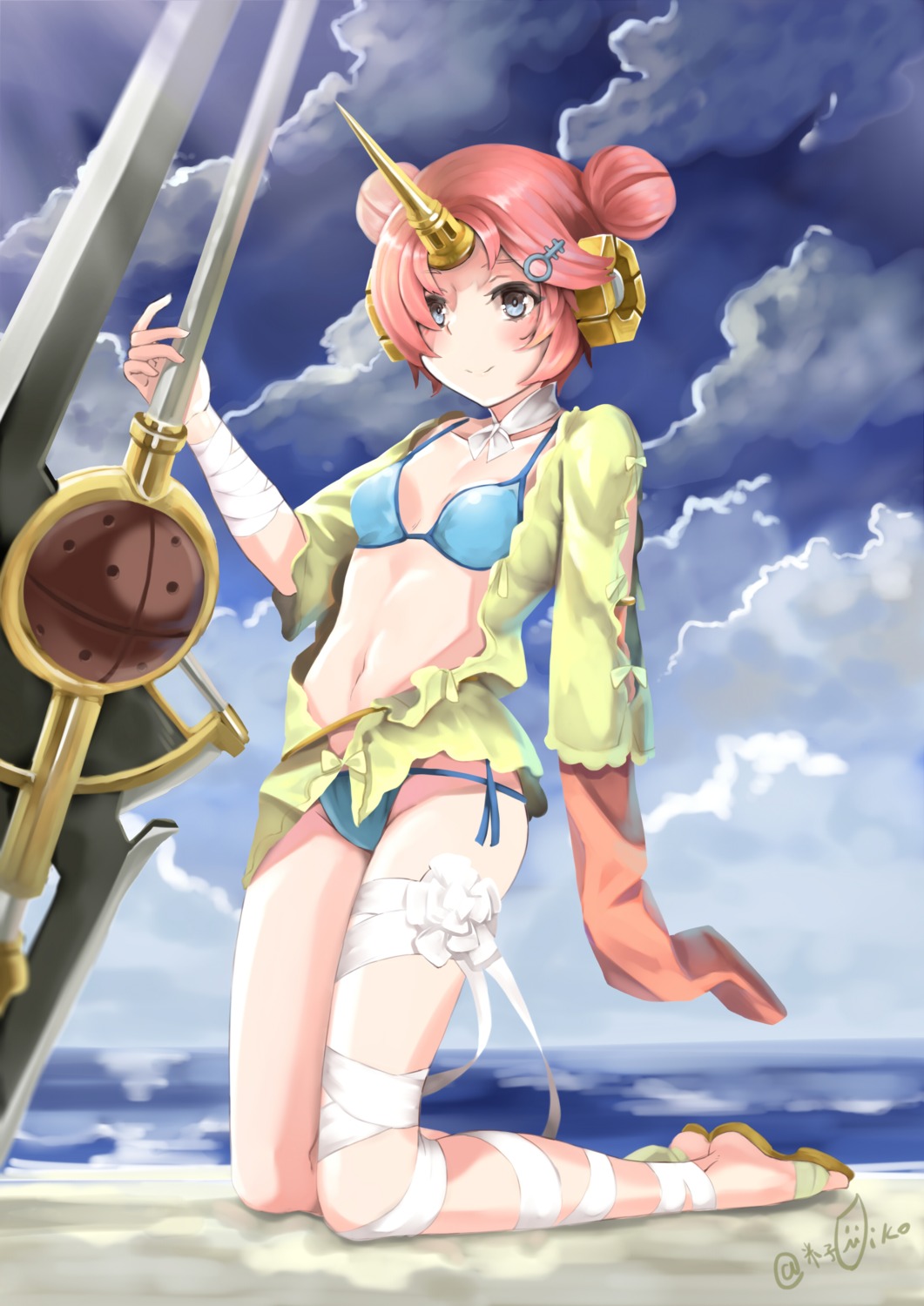 bikini, cleavage, fate/apocrypha, fate/stay_night, frankenstein's_monster_(fate), horns, open_shirt, swimsuits