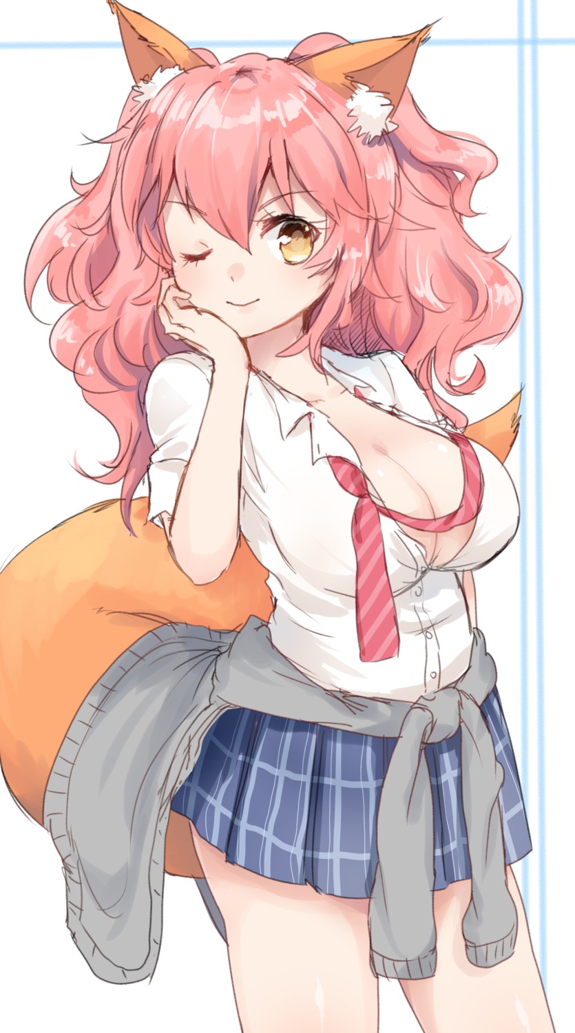 animal_ears, cleavage, fate/extella, fate/extra, fate/stay_night, no_bra, open_shirt, seifuku, sweater, tail, tamamo_no_mae, umishima_rinta