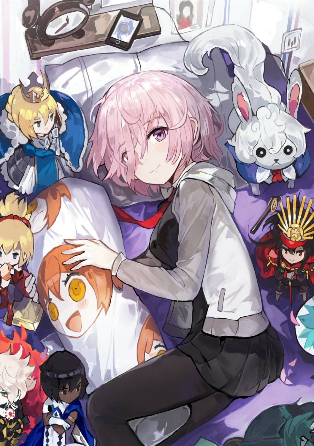 alchemaniac, arjuna_(fate), armor, artoria_pendragon_(fate), cath_palug_(fate), chibi, dress, fate/grand_order
