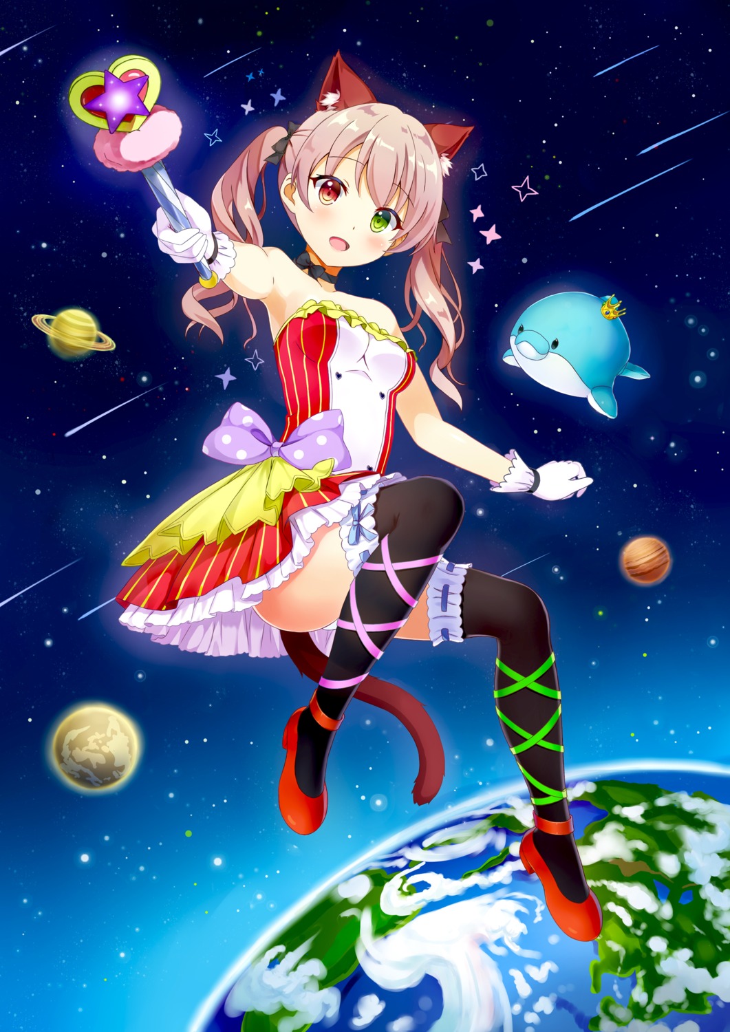 animal_ears, dress, eroge-_(artist), heterochromia, nekomimi, tail, thighhighs, weapon