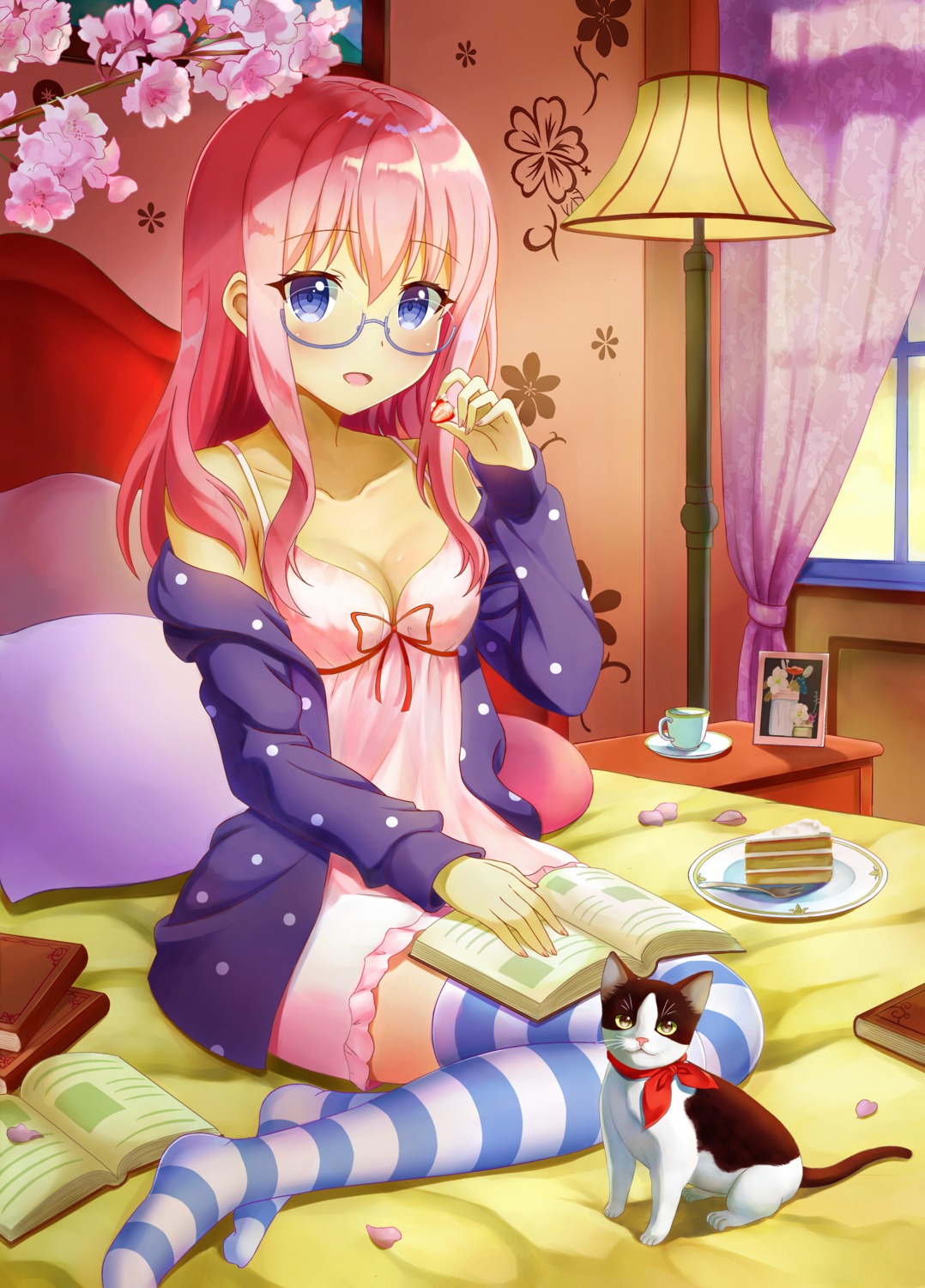 cleavage, eroge-_(artist), feet, megane, neko, pajama, thighhighs
