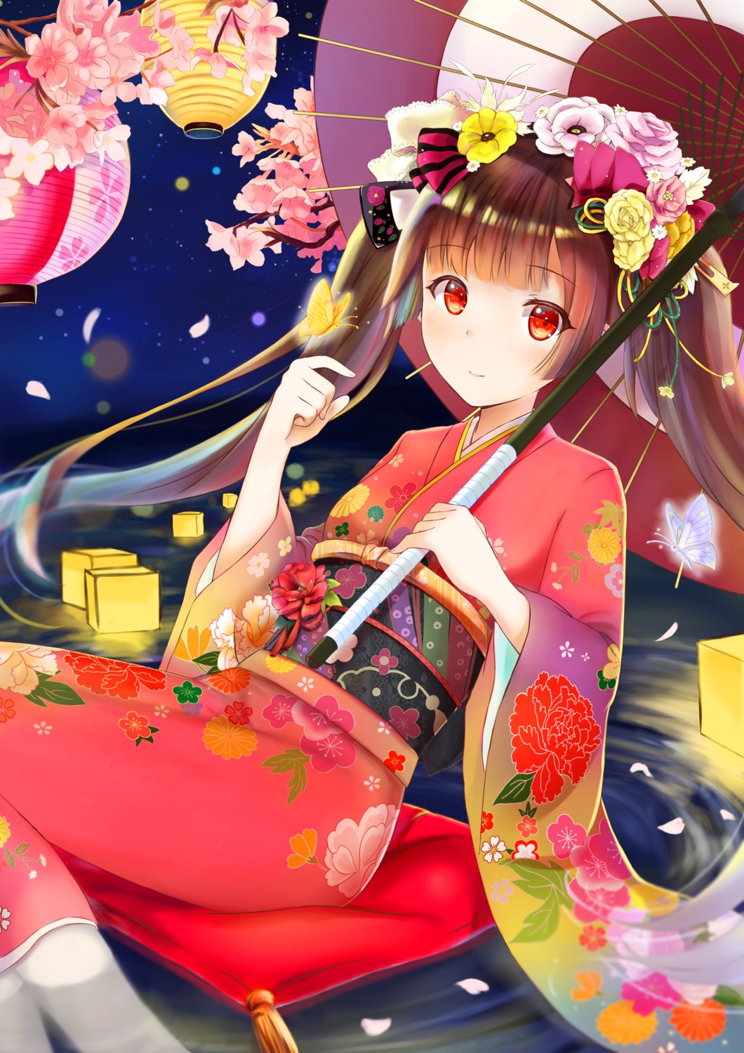 eroge-_(artist), kimono, umbrella, wet