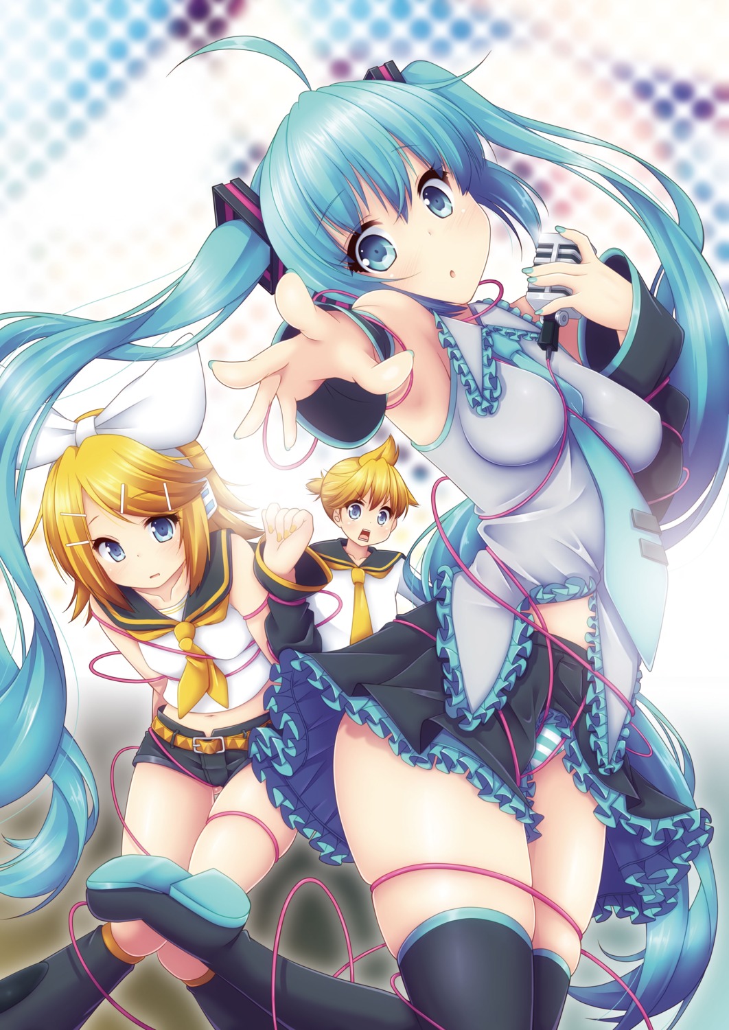 bondage, hatsune_miku, headphones, kagamine_len, kagamine_rin, pantsu, shimapan, thighhighs, vocaloid, yuzuki_kei
