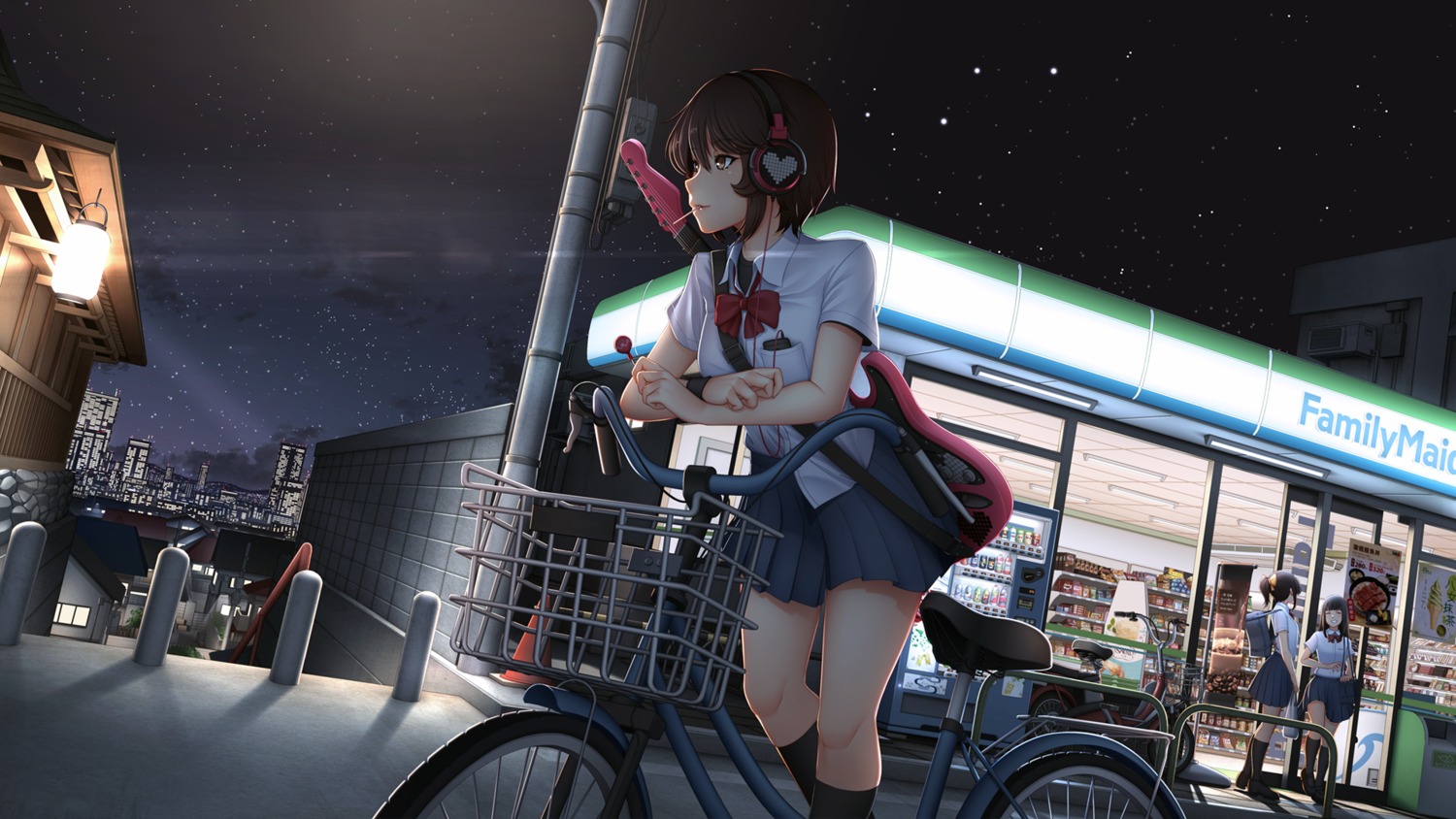 guitar, headphones, mochi_(chain_csn), seifuku