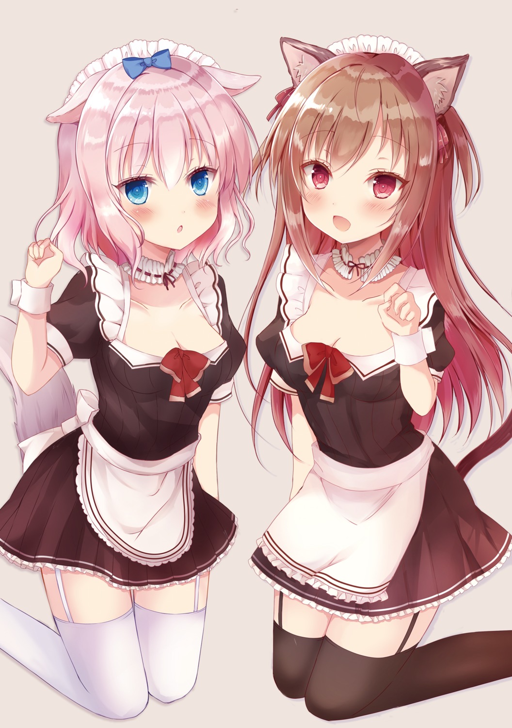 animal_ears, cleavage, kiyui, maid, stockings, tail, thighhighs
