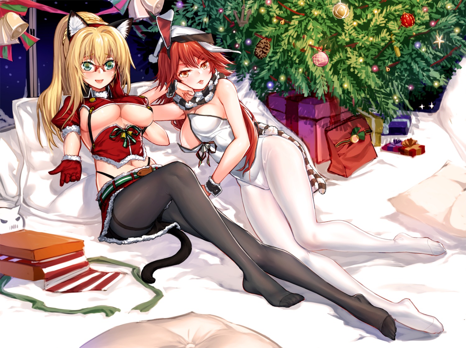 animal_ears, bearn_(zhanjianshaonv), bunny_ears, bunny_girl, christmas, emden_(zhanjianshaonv), feet, megane