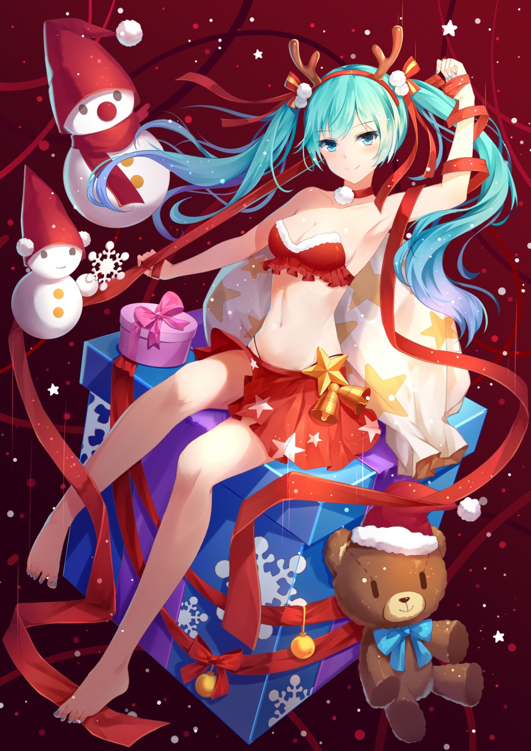 akage_kage, christmas, cleavage, hatsune_miku, horns, vocaloid