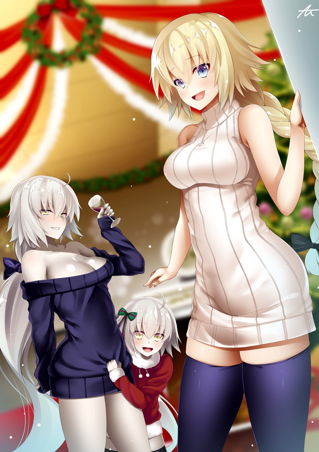 asakura_kukuri, christmas, cleavage, dress, fate/grand_order, jeanne_d'arc, jeanne_d'arc_(fate), jeanne_d'arc_alter_(fate), jeanne_d'arc_alter_santa_lily, sweater, thighhighs