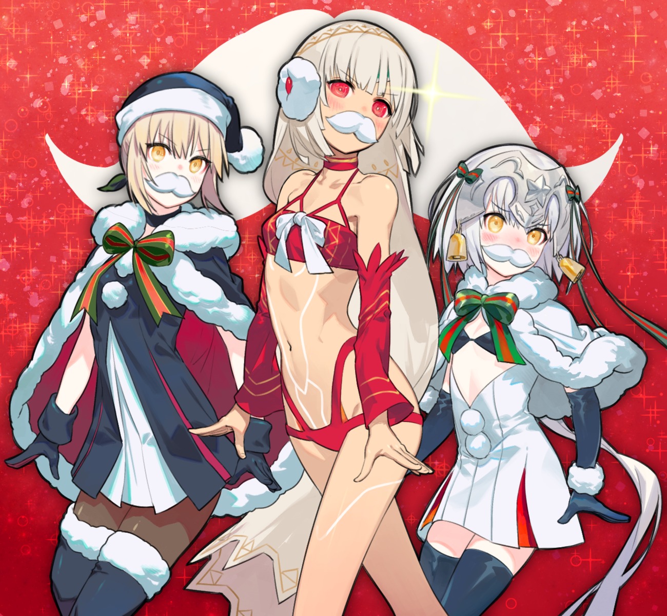 artoria_pendragon_(fate), artoria_pendragon_alter_(fate), attila_(fate/grand_order), bra, christmas, dress, fate/grand_order, jeanne_d'arc_alter_santa_lily