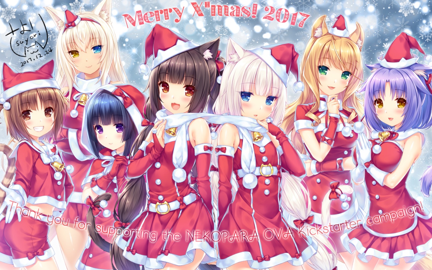 animal_ears, azuki, chocola, christmas, cinnamon_(nekopara), coconut, dress, heterochromia, maple_(nekopara), minaduki_shigure, neko_works, nekomimi, nekopara, sayori, tail, vanilla