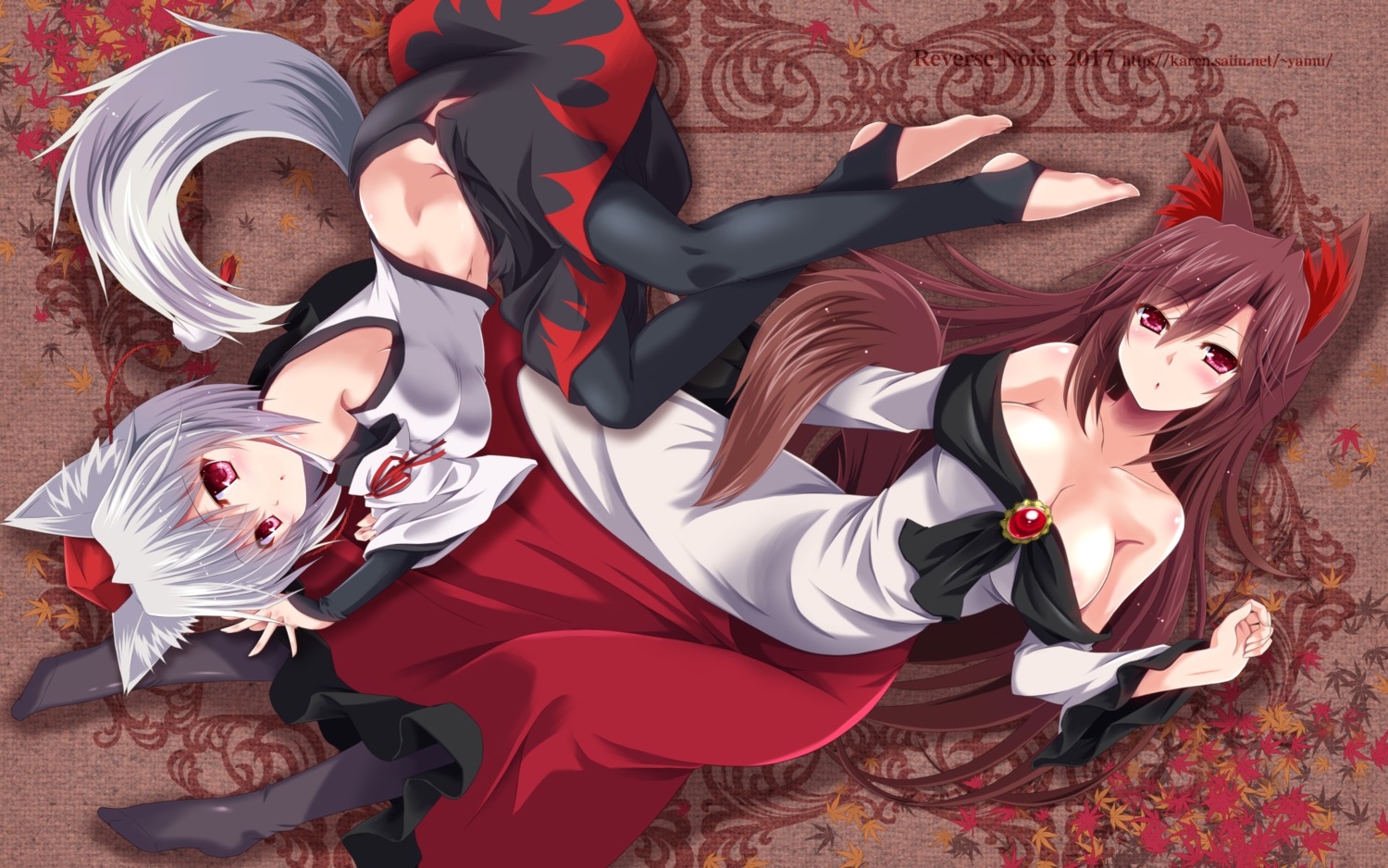 animal_ears, cleavage, dress, imaizumi_kagerou, inubashiri_momiji, pantyhose, tail, touhou, wallpaper, yamu