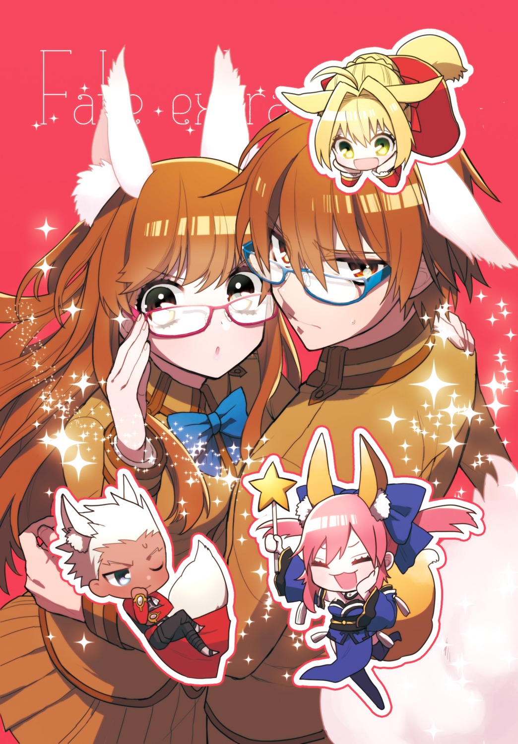 animal_ears, archer, chibi, fate/extra, fate/stay_night, japanese_clothes, kishinami_hakuno_(female), kishinami_hakuno_(male), kitsune, megane, nero_claudius_(fate), routo, seifuku, tamamo_no_mae, thighhighs