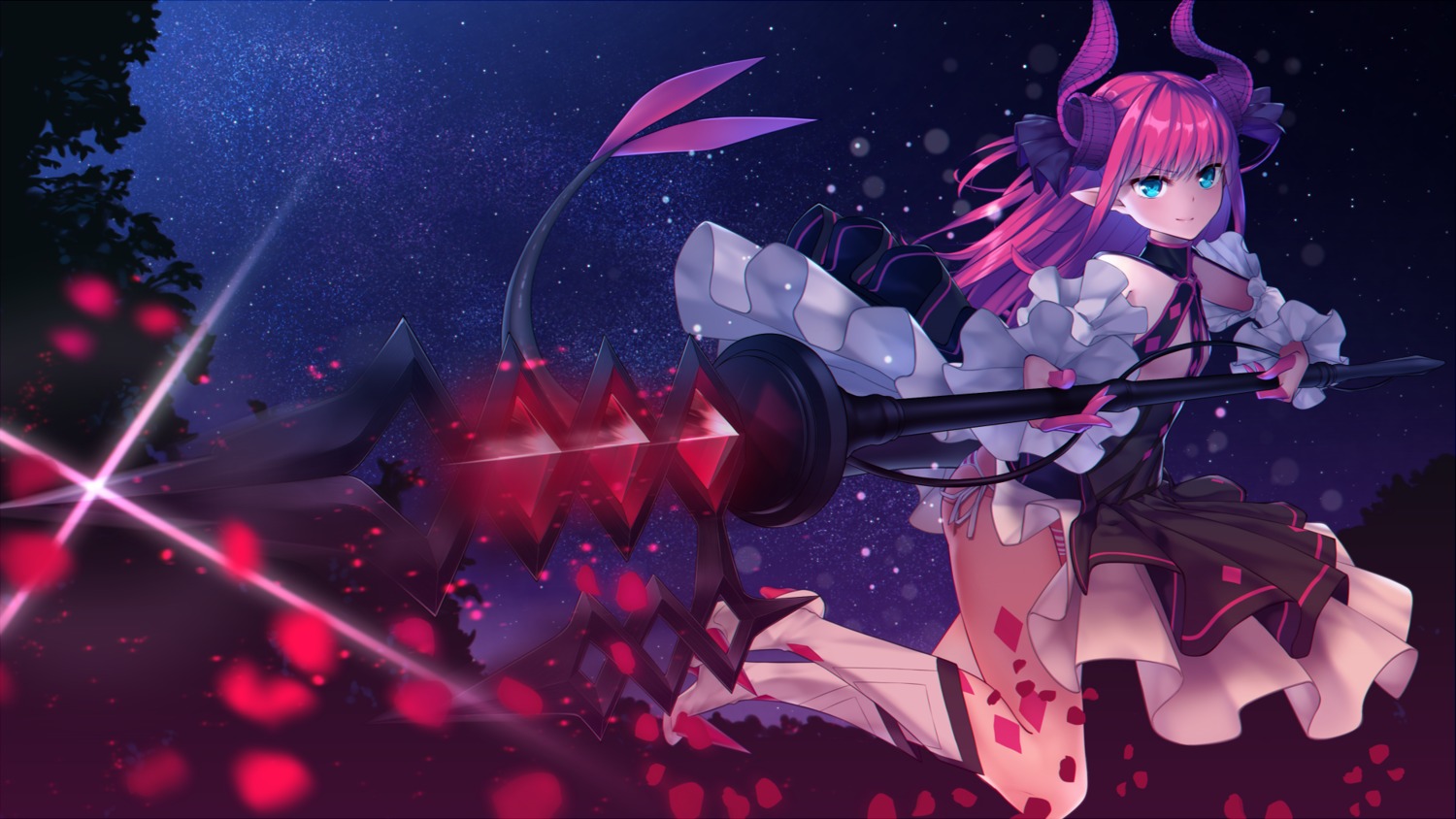 dress, elizabeth_bathory, fate/extra, fate/extra_ccc, fate/grand_order, fate/stay_night, heels, horns, no_bra, omoti, pantsu, pointy_ears, string_panties, tail, wallpaper, weapon