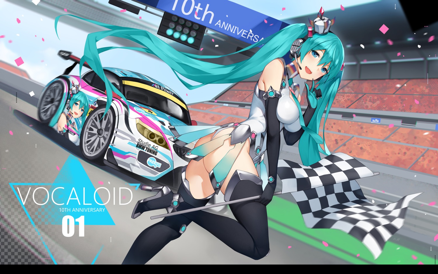 ass, goodsmile_racing, hatsune_miku, headphones, heels, leotard, racing_miku, thighhighs