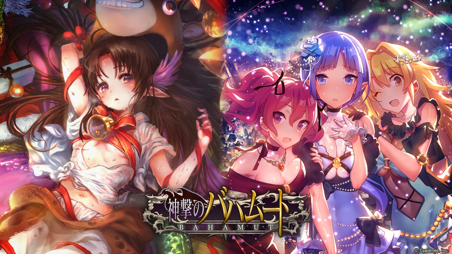 cleavage, dress, igarashi_youhei, mckeee, no_bra, open_shirt, pointy_ears, shingeki_no_bahamut