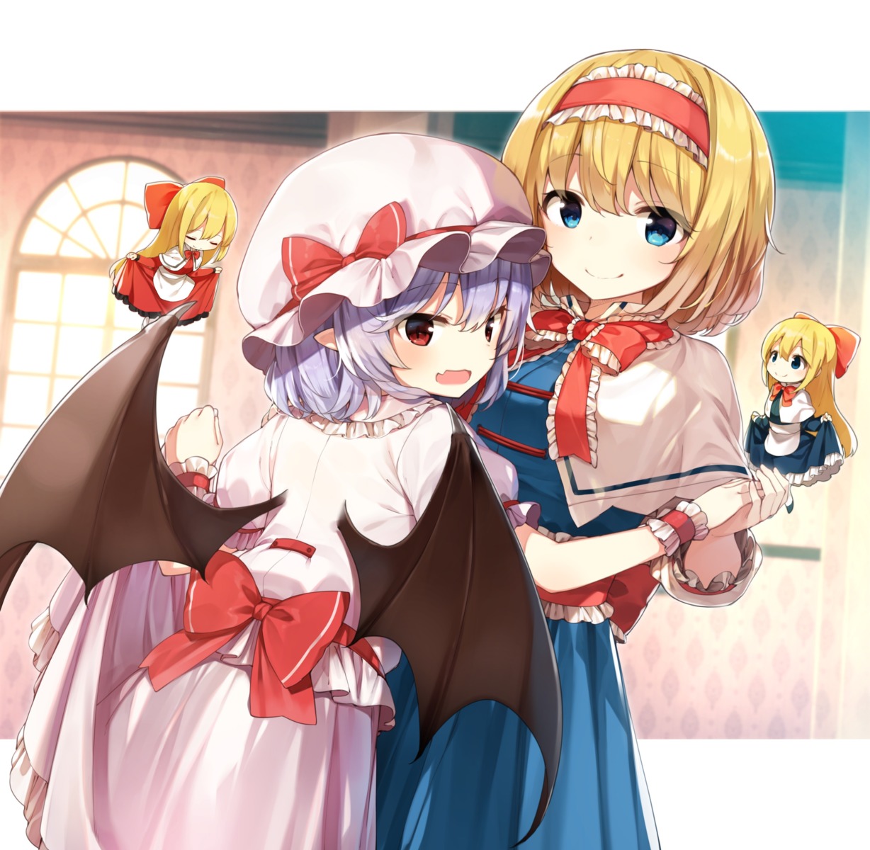 alice_margatroid, hourai_doll, remilia_scarlet, shanghai_doll, shnva, skirt_lift, touhou, wings