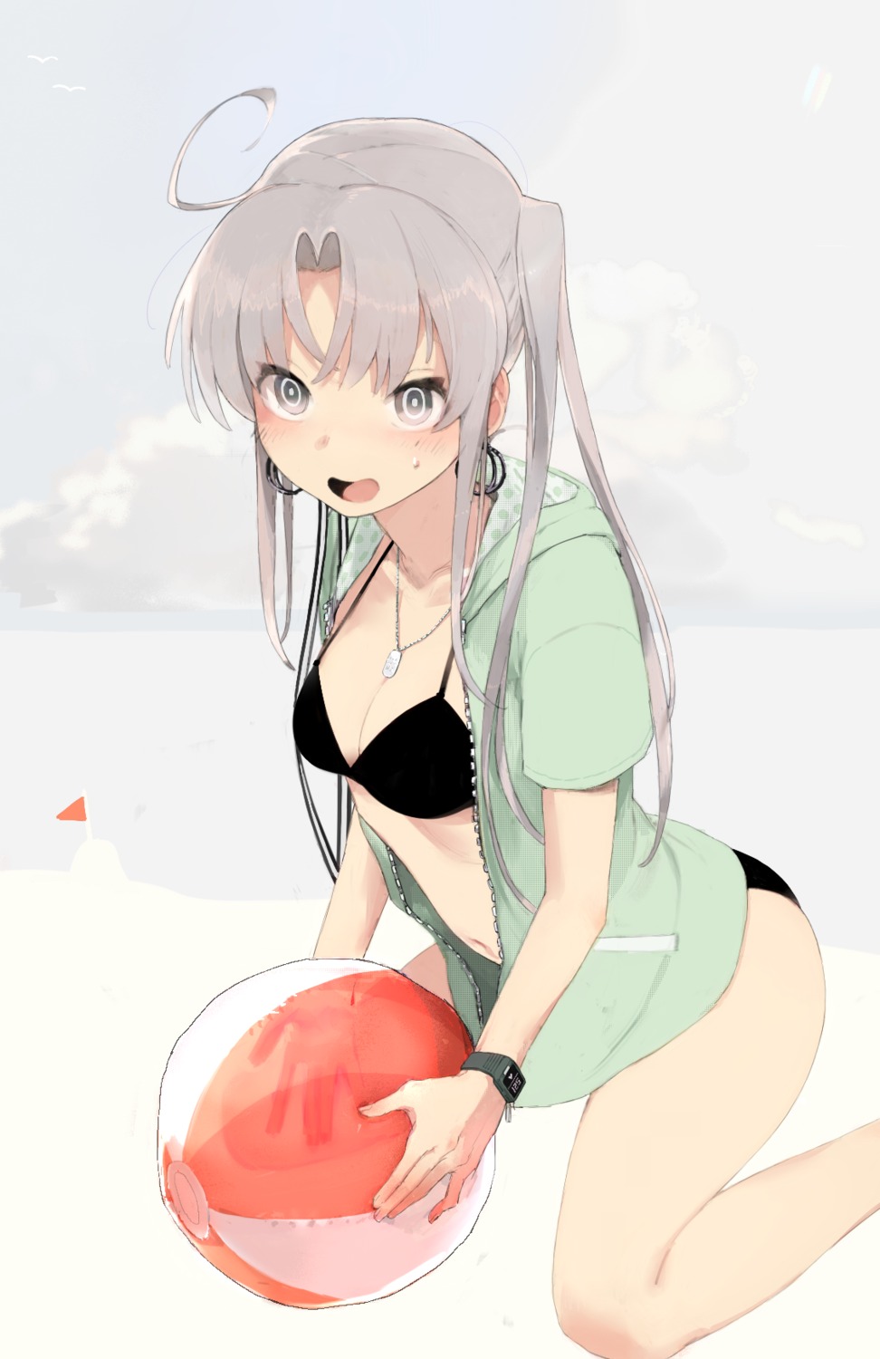 akitsushima_(kancolle), bikini, cleavage, hageshii_nakano, kantai_collection, open_shirt, swimsuits