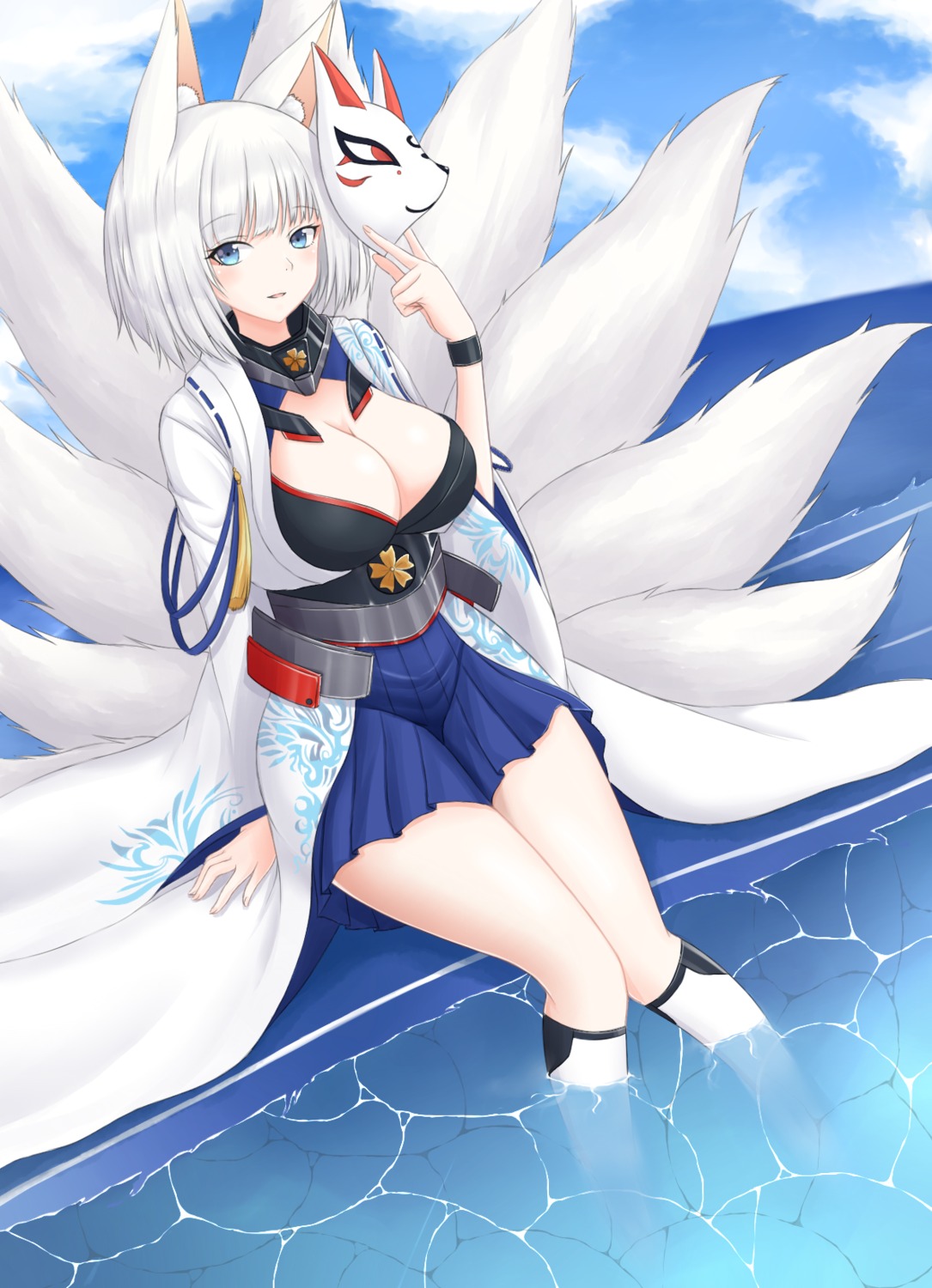 animal_ears, azur_lane, cleavage, kaga_(azur_lane), kitsune, minoshi, tail, wet