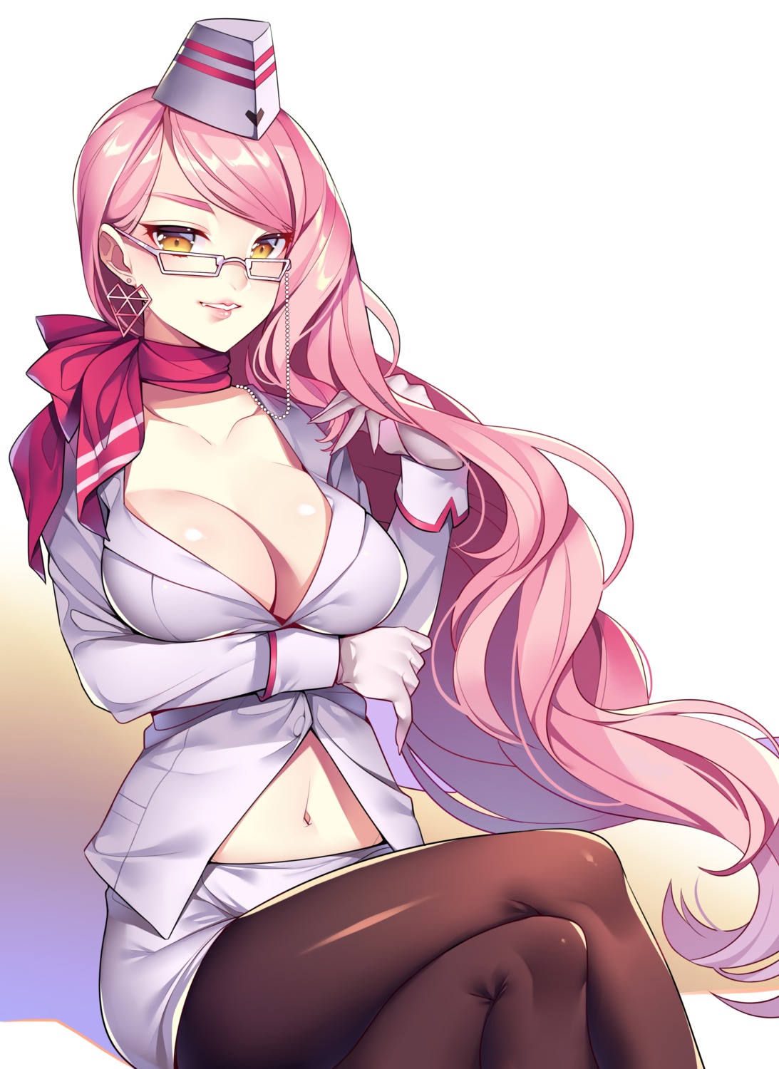 breast_hold, cleavage, fate/grand_order, may_(2747513627), megane, open_shirt, pantyhose, uniform