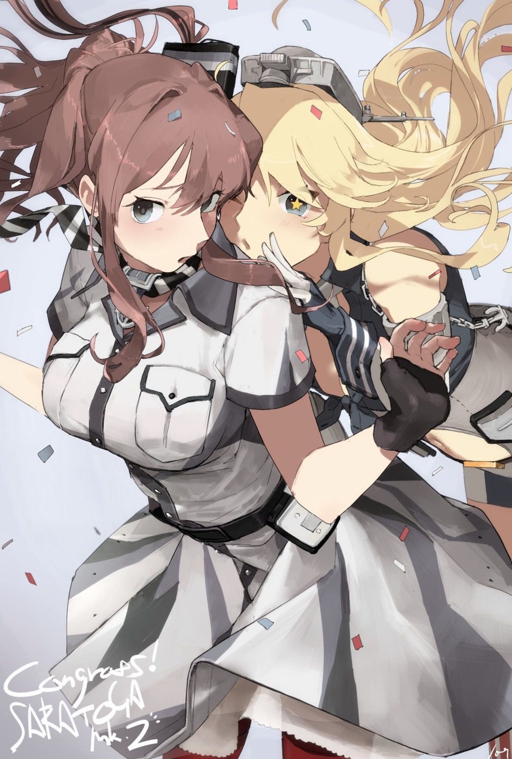 cleavage, hageshii_nakano, iowa_(kancolle), kantai_collection, saratoga_(kancolle), see_through, thighhighs