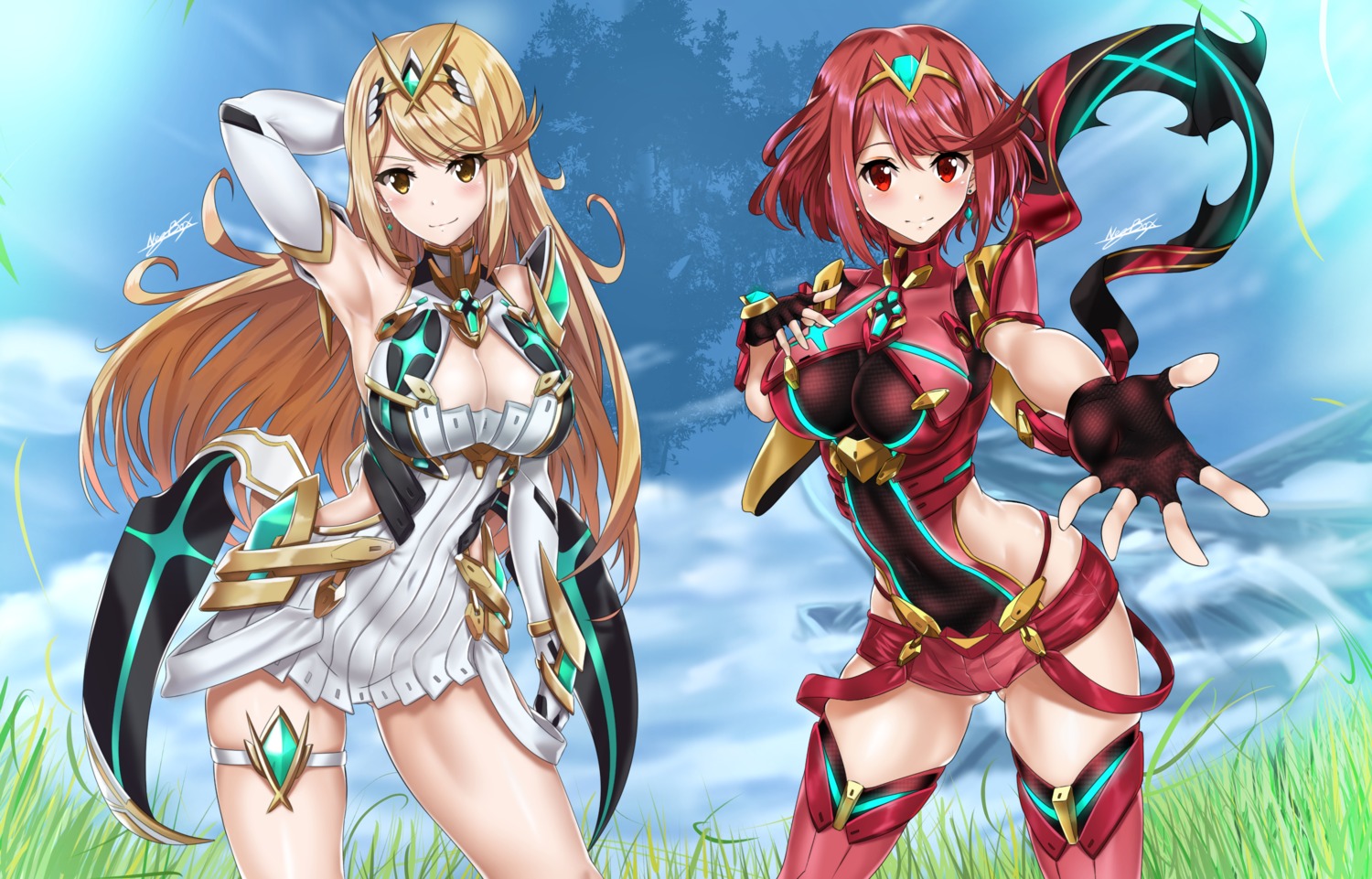 bodysuit, cleavage, dress, garter, hikari_(xenoblade_2), homura_(xenoblade_2), nez-kun, thighhighs