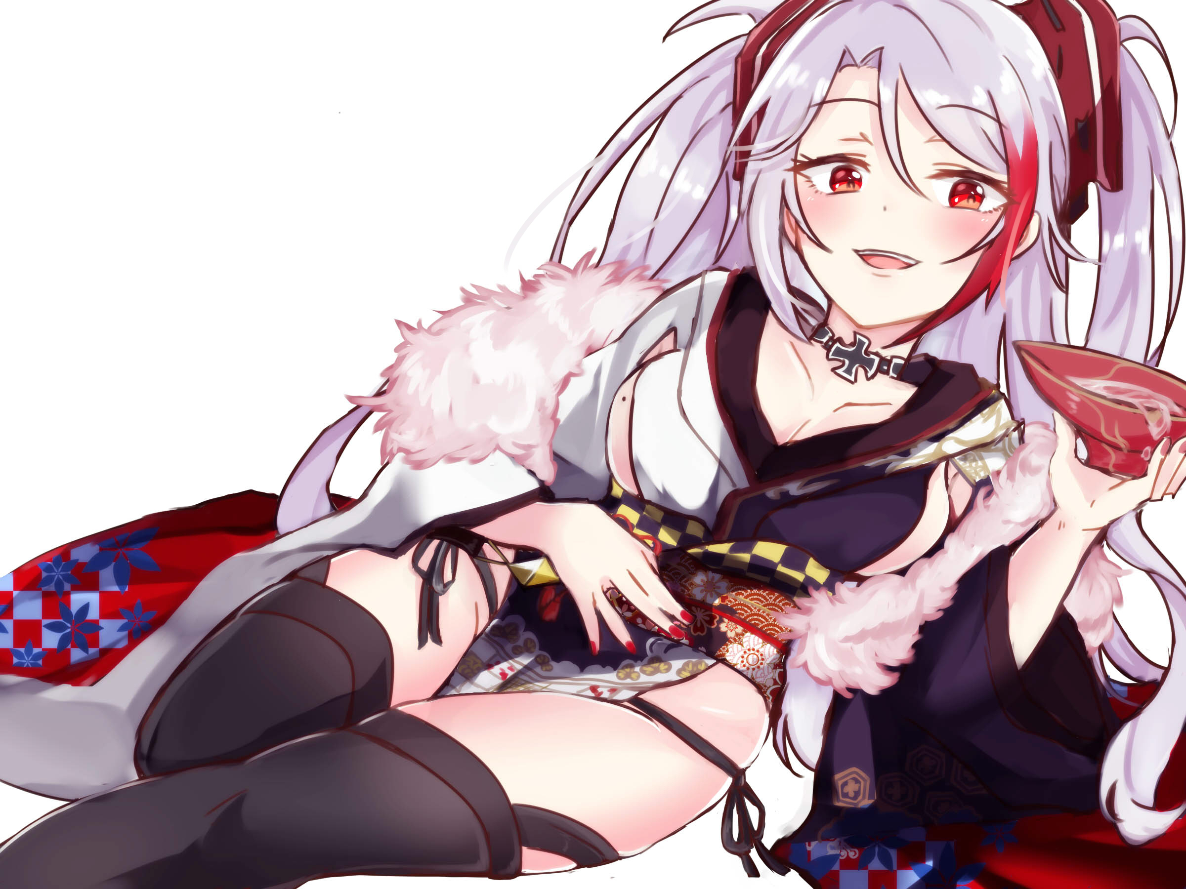 azur_lane, cleavage, japanese_clothes, pantsu, prinz_eugen_(azur_lane), ruchita, string_panties, tail, thighhighs