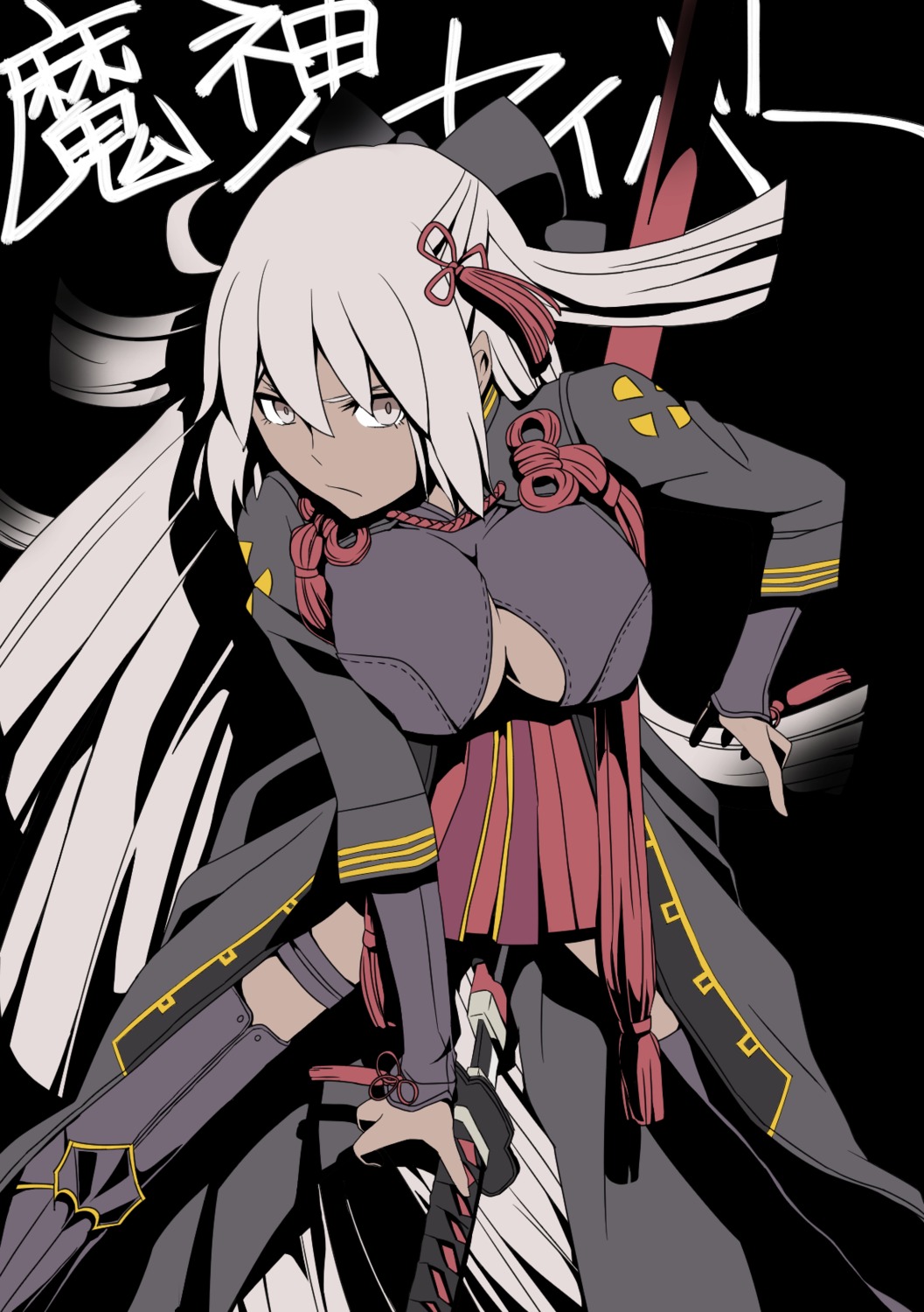 cleavage, japanese_clothes, koha-ace, mashishita, okita_souji_(alter)_(fate), open_shirt, sword, thighhighs