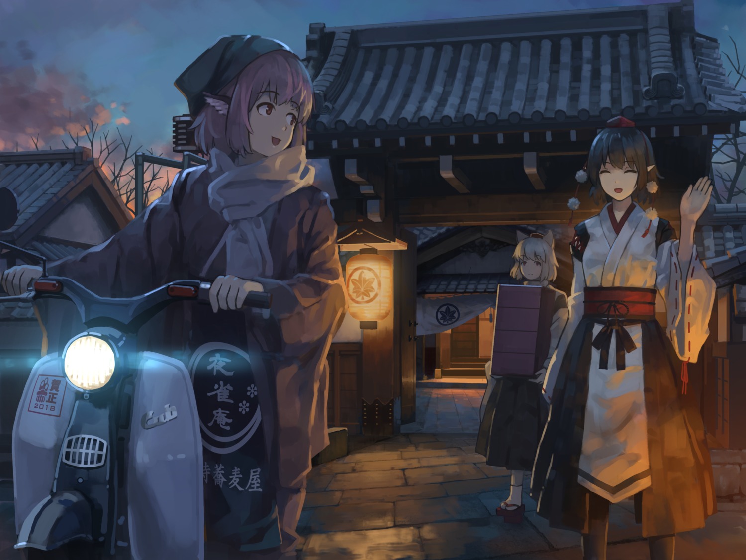 animal_ears, inubashiri_momiji, japanese_clothes, mikado_(winters), mystia_lorelei, pointy_ears, shameimaru_aya, touhou
