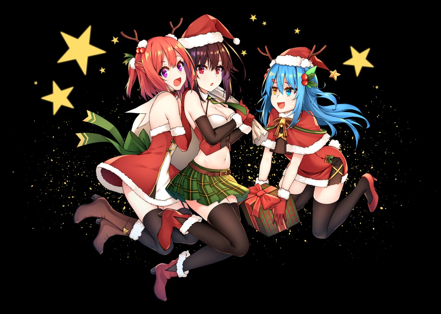 christmas, cleavage, dress, healther, heels, heterochromia, horns, stockings