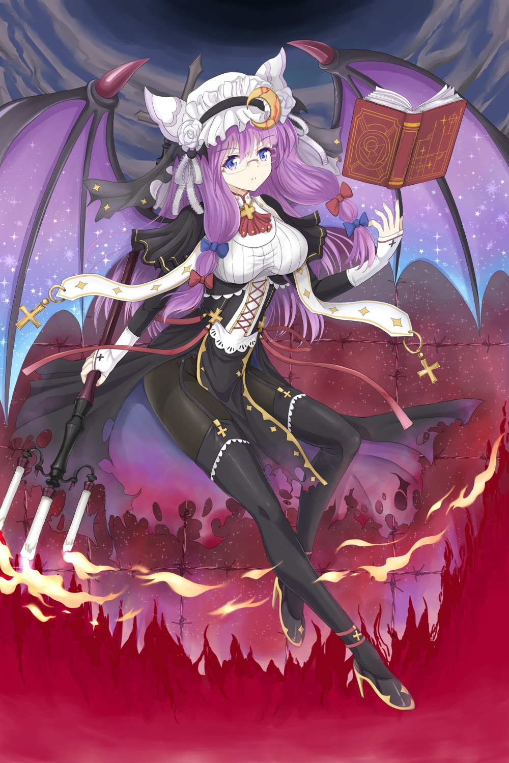 heels, megane, namiki_(remiter00), nun, pantyhose, patchouli_knowledge, stockings, thighhighs, touhou, wings