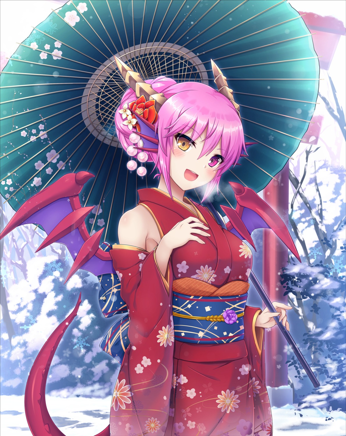 horns, kimono, puzzle_&_dragons, samoore, sonia_(p&d), tail, umbrella, wings