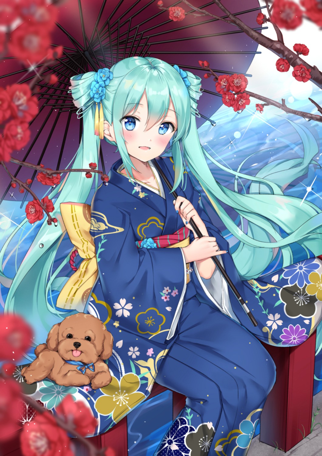 hatsune_miku, japanese_clothes, kimono, mamemena, umbrella, vocaloid