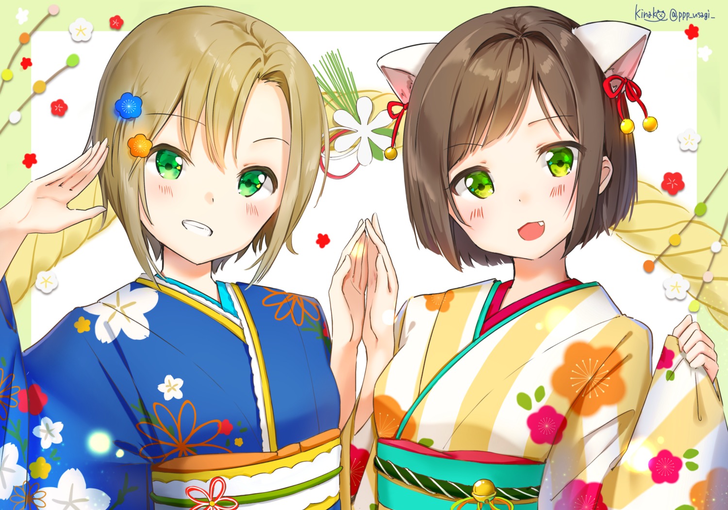animal_ears, kimono, kinako_(shiratama_mochi), maekawa_miku, tada_riina, the_idolm@ster, the_idolm@ster_cinderella_girls