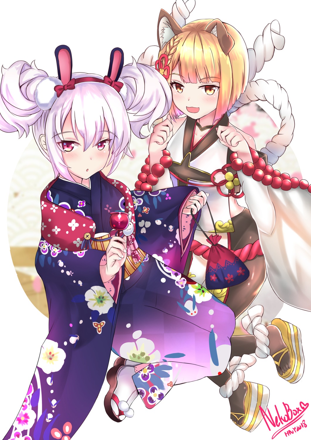 animal_ears, azur_lane, bunny_ears, granblue_fantasy, inumimi, japanese_clothes, kimono, laffey_(azur_lane), nekobox, pantyhose, vajra_(granblue_fantasy)