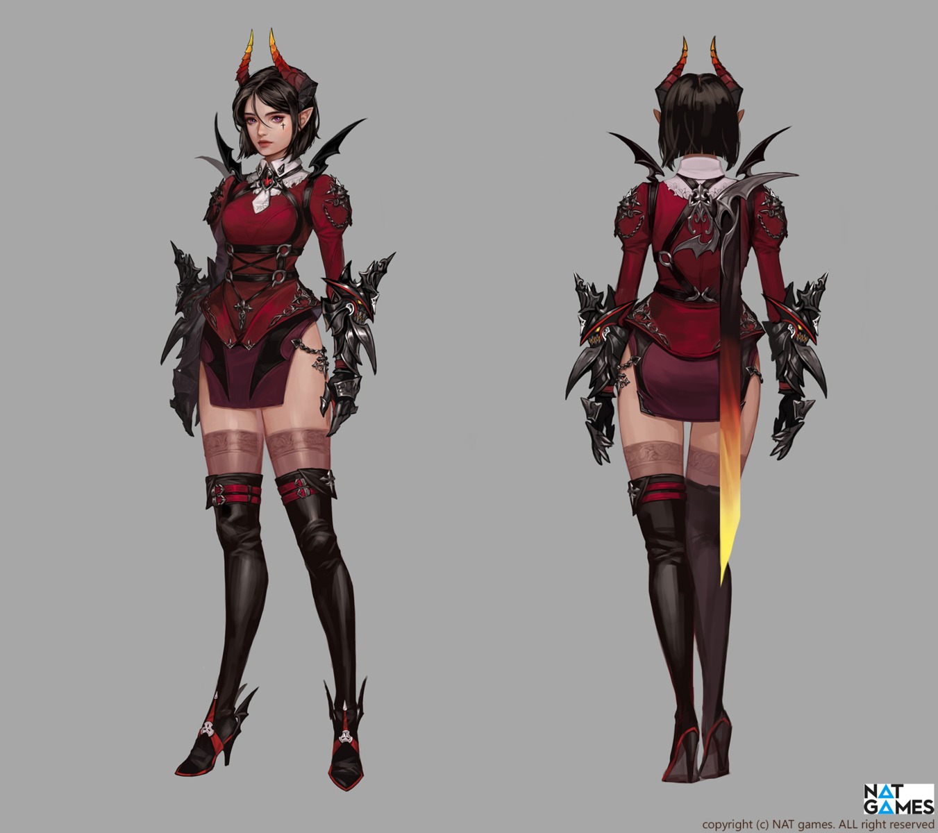 armor, bom_yeon, character_design, heels, horns, pointy_ears, tattoo, thighhighs
