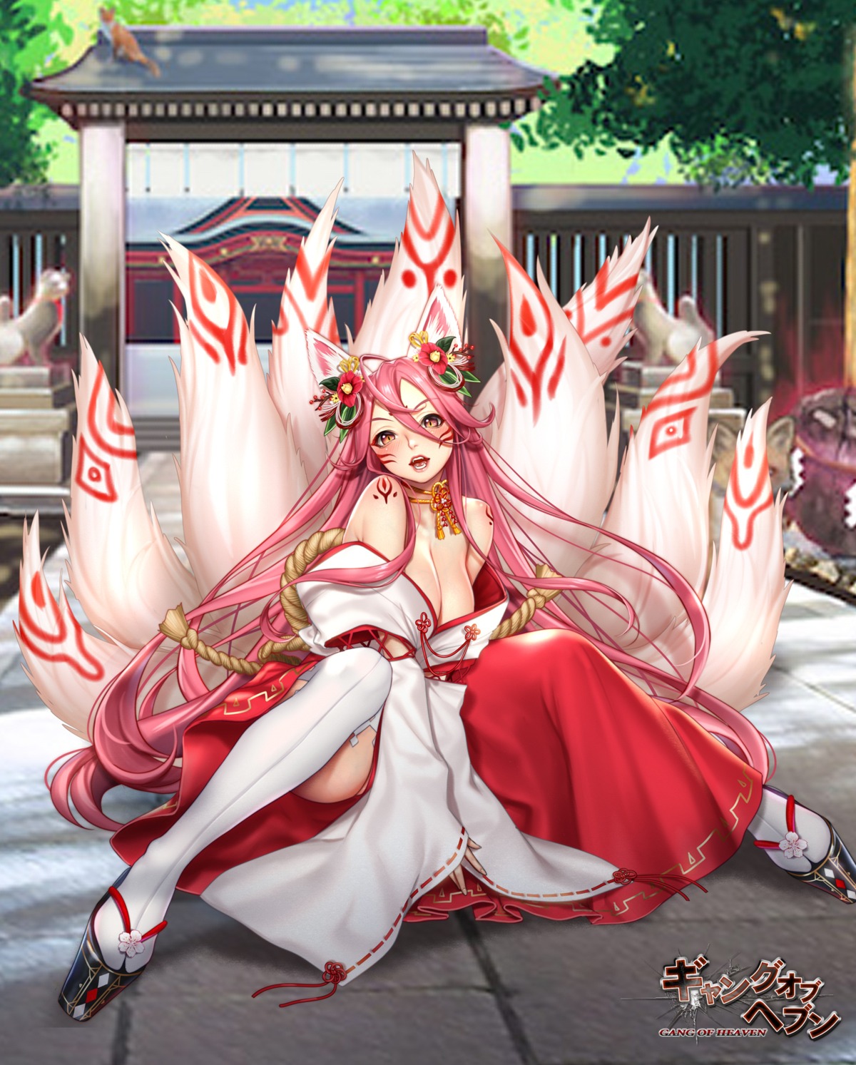 animal_ears, cleavage, gang_of_heaven, kitsune, masami_chie, miko, no_bra, open_shirt, tail, tattoo, thighhighs