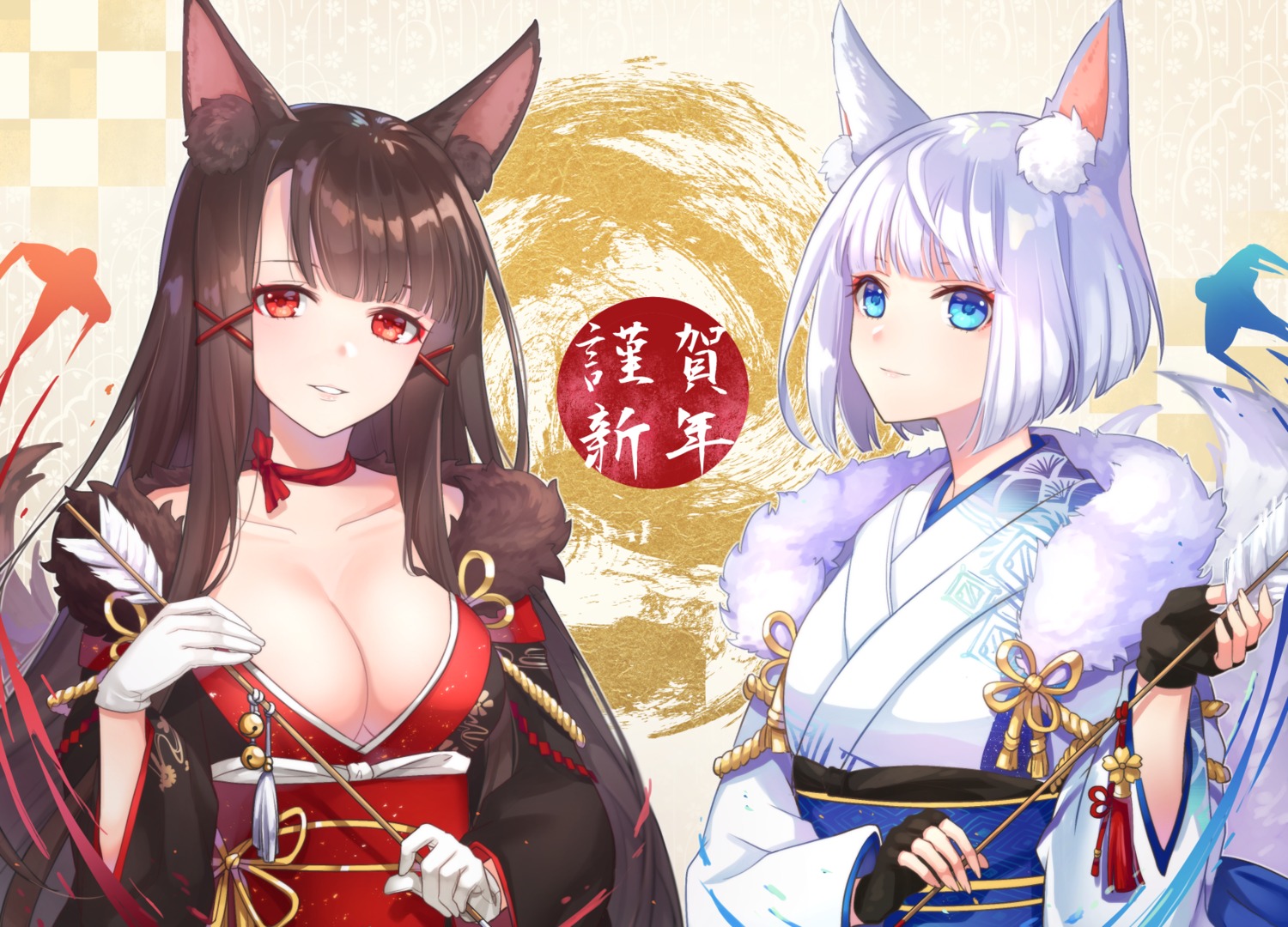 akagi_(azur_lane), animal_ears, azur_lane, cleavage, kaga_(azur_lane), kimono, kitsune, kon_(k0n16)